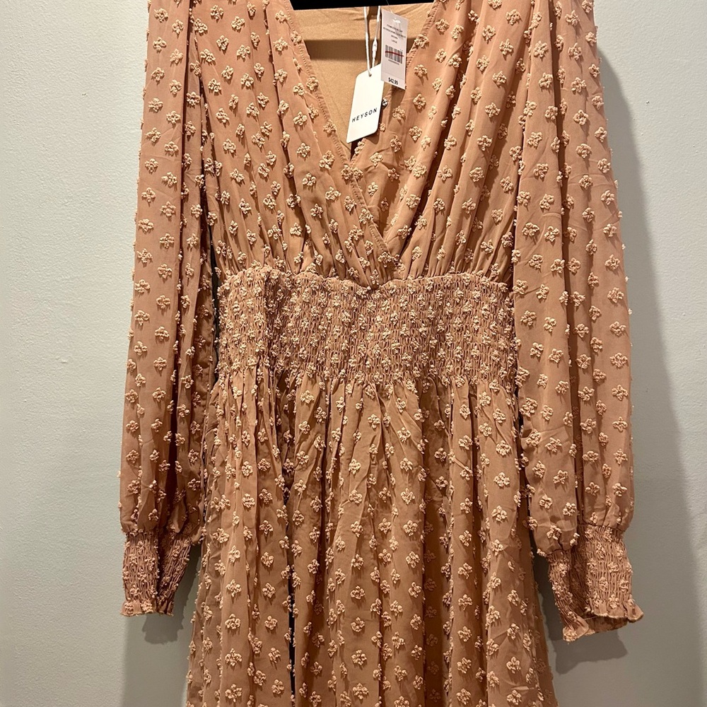Heyson Swiss Dot Smocked Mini Dress NWT Large Brown Long Sleeve V-Neck Boho